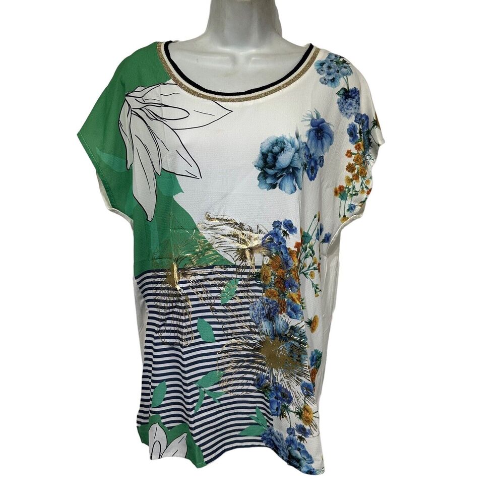 carla ferroni womens size M Floral metallic Short Sleeve Blouse